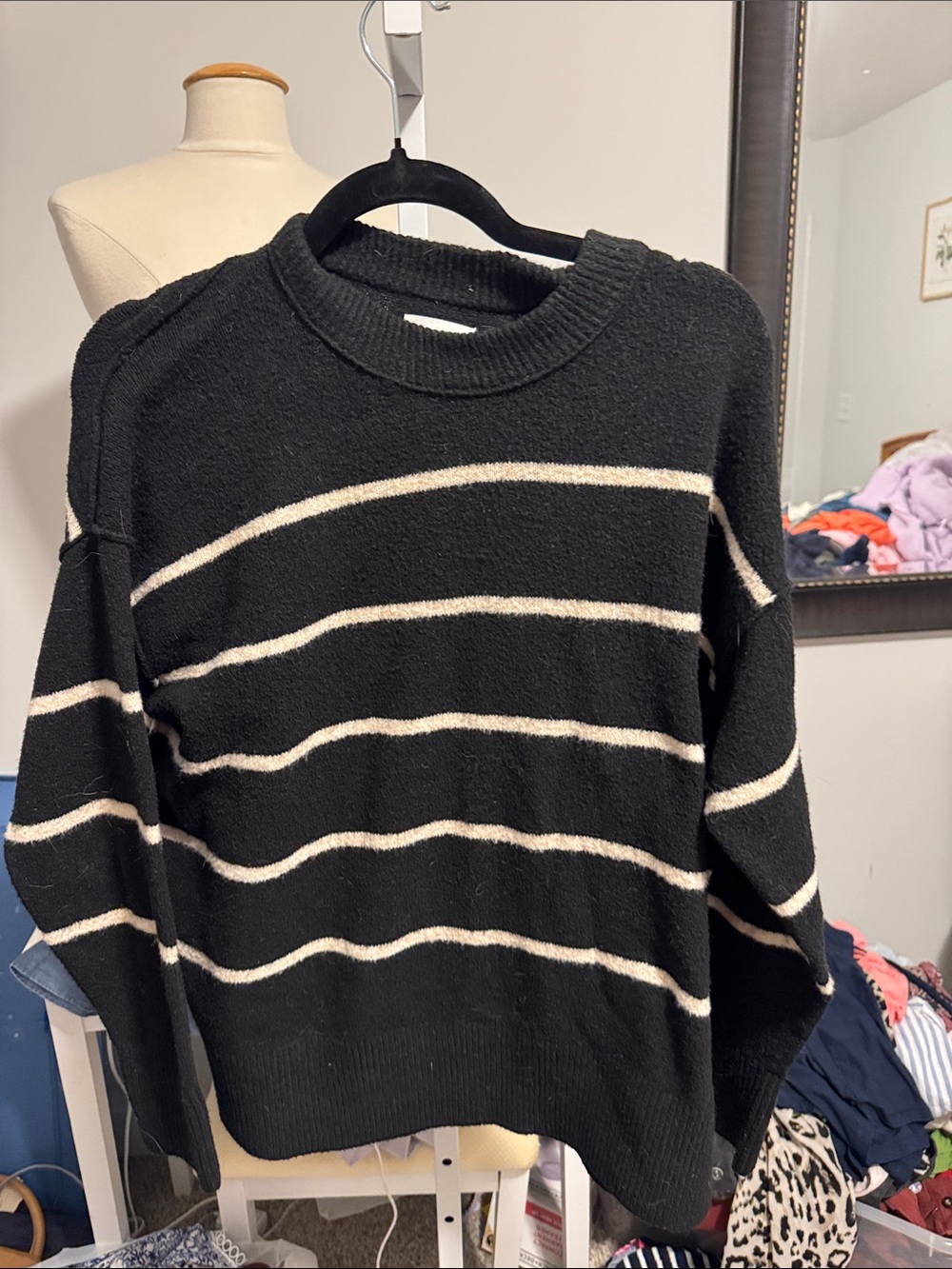 aerie Black Crewneck Sweater with Cream Stripes